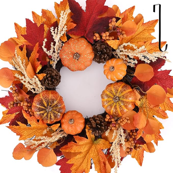 20 Inch Thanksgiving Fall Wreath, Berries Pumpkins Maple Leaves Pine Cones Autumn Wreaths with Hook for Front Door, Fall Decor, Porch Wall Home Outdoor Holiday Decorations Wreath for Autumn-Ruum Studio Home