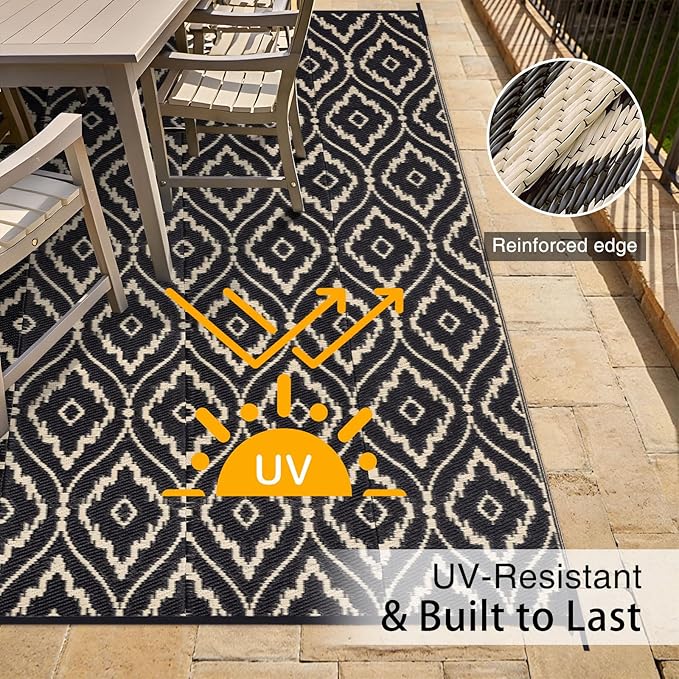 OLANLY Outdoor Rug 9x12 ft Waterproof, Outdoor Plastic Straw Rug with Geometric Pattern Clearance, Reversible RV Mat for Patio, Camping, Balcony, Deck, Backyard, Black & Beige-Ruum Studio Home