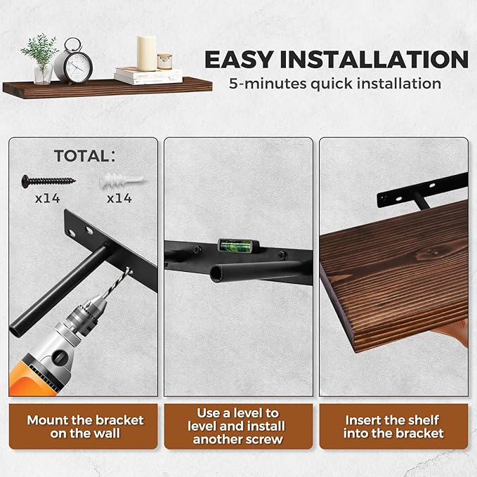 24"x6.8"x1.2" Solid Wood Floating Shelves 2-Pack - Rustic Brown Finish with Hidden Brackets, Perfect for Storage and Décor in Living Room, Kitchen, Bedroom-Ruum Studio Home