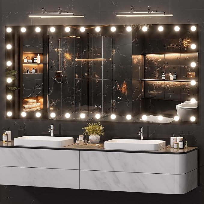Hasipu LED Bathroom Mirror with Lights, 84" x 40" Hollywood Wall-Mounted Bathroom Mirror with 34 Dimmable Bulbs, 3 Colors Modes, Touch Control, Anti-Fog, Memory Function, Shatter-Proof, ETL Listed-Ruum Studio Home