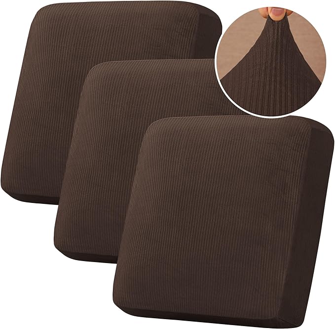 H.VERSAILTEX Velvet Stretch Couch Cushion Cover Plush Cushion Slipcover for Chair Loveseat Sofa Cushion Furniture Protector Seat Cushion Sofa Cover (3 Piece XL Sofa Cushion Covers, Brown Striped)-Ruum Studio Home