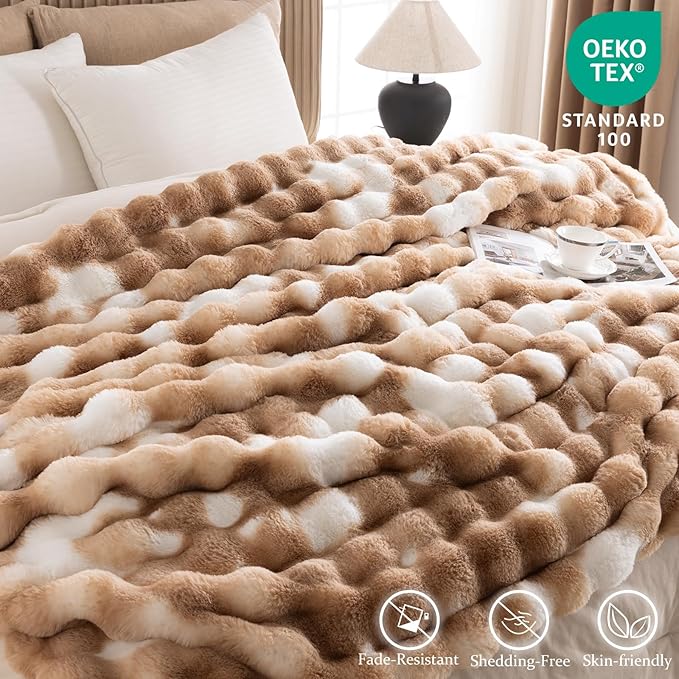Cozy Faux Fur Throw Blanket for Bed-Warm Fuzzy Throw Blanket, Soft Plush Thick Bubble Blankets for Bedroom and Living Room, Furry Luxury Blanket, 90 x 90, Tie-Dye Brown-Ruum Studio Home