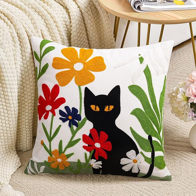 Merrycolor Embroidered Pillow Covers 18x18 Black Cat and Flower Pattern Halloween Decorative Throw Pillow Covers Comfortable Cotton Canvas Square Couch Cushion Cases for Sofa Bed Living Room Decor-Ruum Studio Home