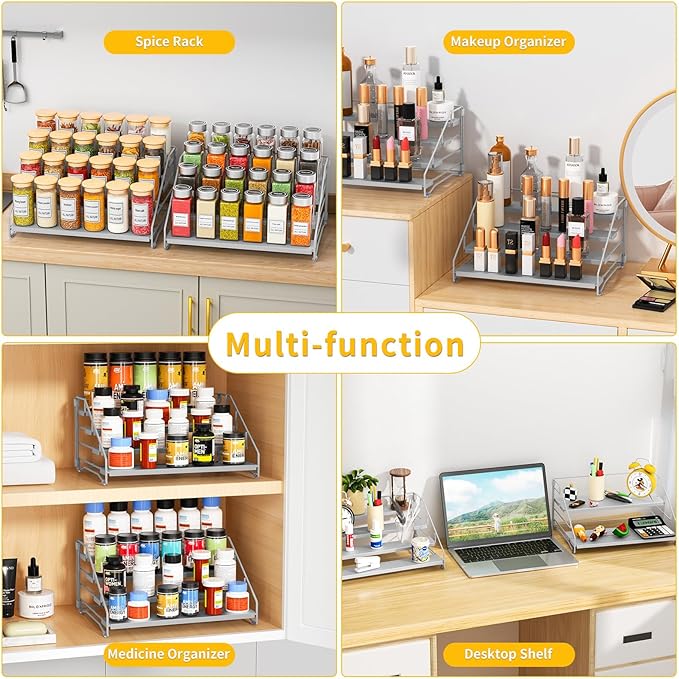 RCHYFEED 4 Tier Spice Rack Organizer, Spice Organization for Cabinet,Pantry, Countertop,Tiered Spice Rack Easy Visibility,Depth Expandable Seasoning Shelf for Kitchen Cabinet Organizer,Silver,2 PACK-Ruum Studio Home