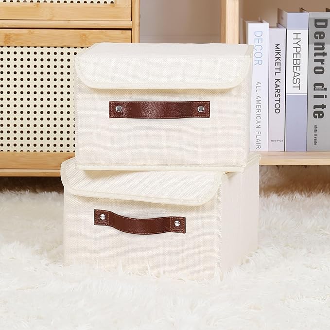 ANMINY 2PCS Storage Bins with Lid PU Leather Handles Storage Boxes PP Plastic Board Decorative Foldable Lidded Cotton Linen Fabric Home Cubes Baskets Closet Organizer Containers - Beige, Small Size-Ruum Studio Home
