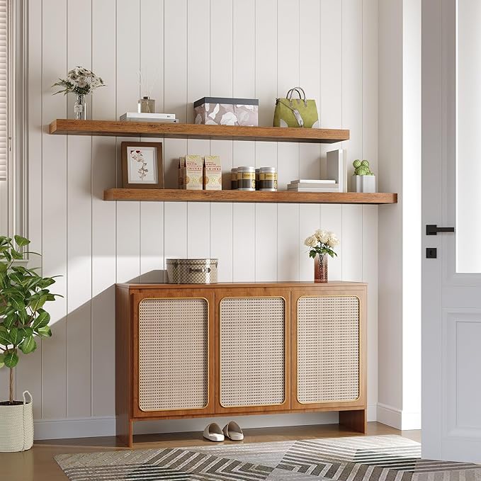 HOOBRO Floating Shelves for Wall, Wall Mounted Shelf Set of 2, 55" Hanging Shelf with Invisible Brackets, for Wall in Bathroom, Bedroom, Toilet, Kitchen, Living Room, Office, Rustic Brown BF140BJP201-Ruum Studio Home