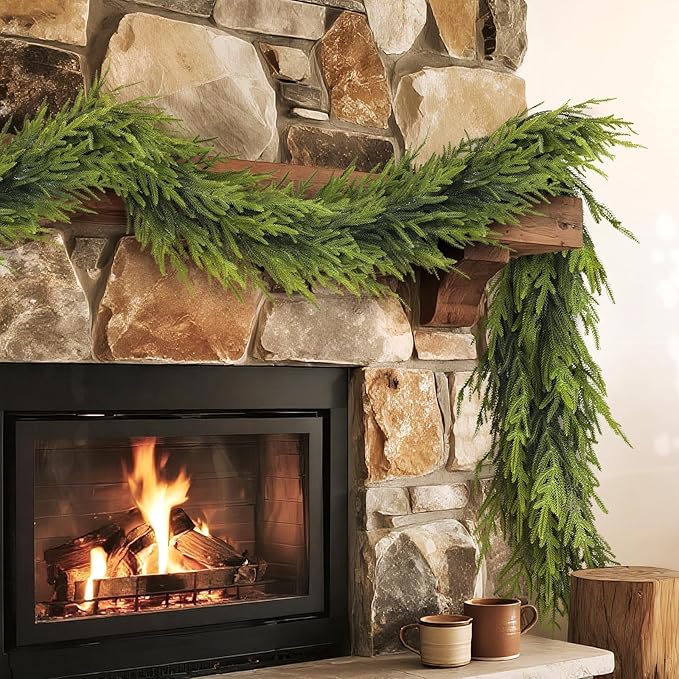 Artificial Norfolk Pine Garland - Faux Christmas Garland Fake Green Garland for Fireplace,Table, Stairs, Mantle, Window,Indoor Outdoor,Home,Holiday Decor (2 PCS,6 FT)-Ruum Studio Home