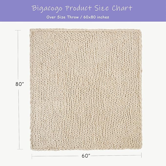 Bigacogo Chunky Knit Throw Blanket for Couch, 60x80 inches, 100% Hand Knitted with Thick Jumbo Chenille Yarn, Cozy Soft Large Rope Knot Cable Crochet Blankets for Sofa Bed Living Room, Beige-Ruum Studio Home