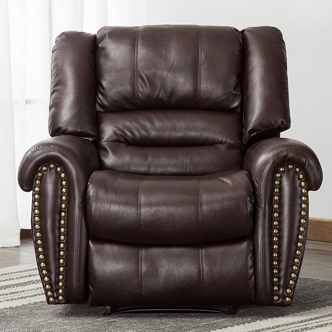 CANMOV Leather Recliner Chair, Classic and Traditional Manual Recliner Chair with Comfortable Arms and Back Single Sofa for Living Room, Brown-Ruum Studio Home