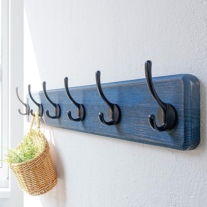 Dseap Coat Rack Wall: 24" Long, Patented, Heavy-Duty, 6-Double-Hooks Wooden Wall Mounted Coat Rack Coat Hanger Hook Rail for Winter Coats Hat Jacket Clothing, Weathered Blue, Pack of 2-Ruum Studio Home