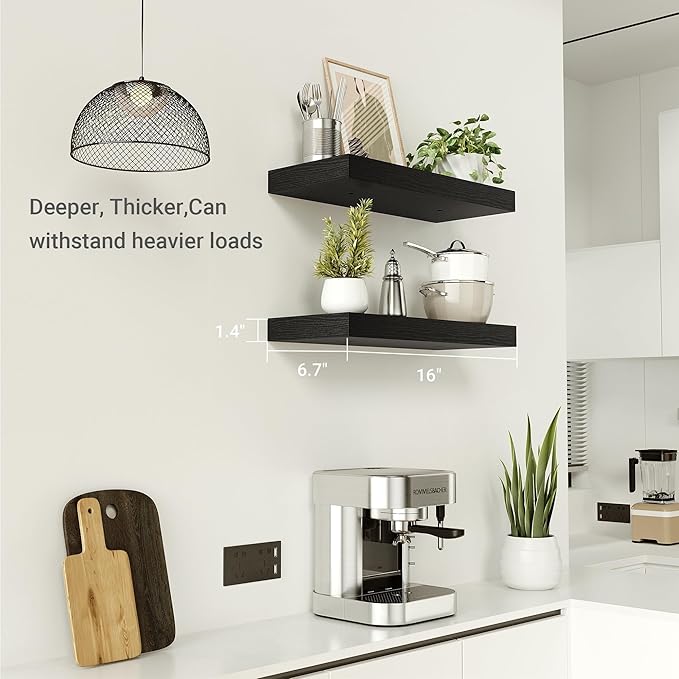 Black Floating Shelves for Wall, 16 inchs x 6.7” deep x 1.4” Wall Shelf for Bathroom Bedroom, Living Room, Kitchen, Office Home Decor, Narrow Wood Shelves with Invisible Brackets Set of 2-Ruum Studio Home