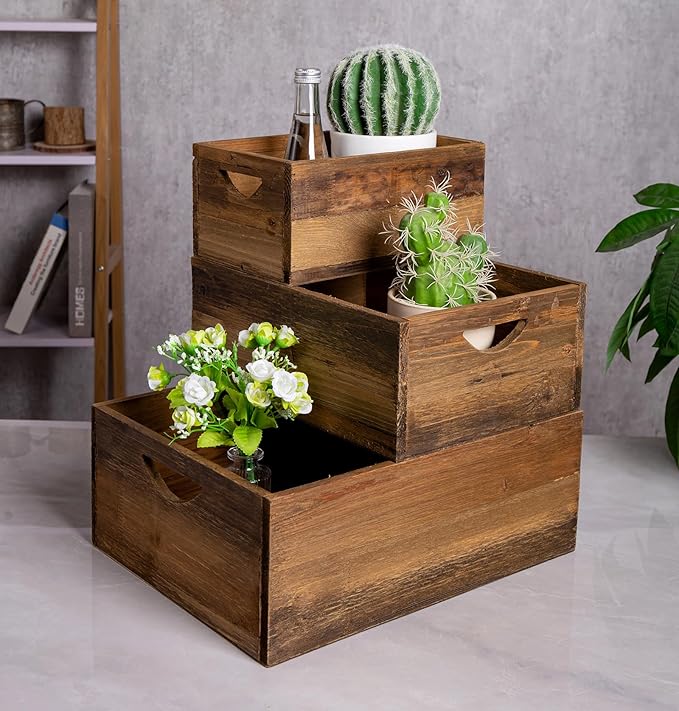 TIMRIS Set of 3 Rustic Distressed Wood Nesting Crates, Farmhouse Decorative Wooden Storage Boxes, Vintage Reclaimed Wood Baskets for Display (Natural)-Ruum Studio Home