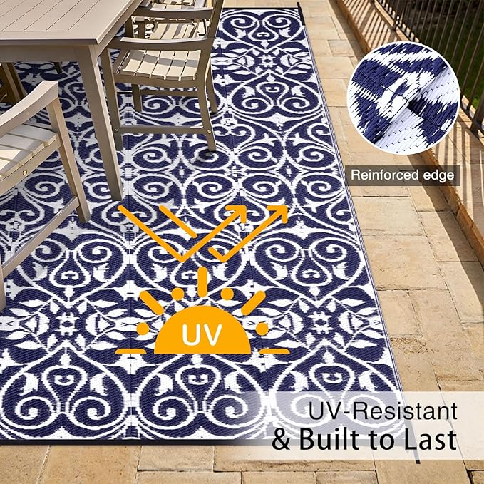 OLANLY Outdoor Rug Waterproof 8x10 ft Clearance, Reversible Outdoor Plastic Straw Rug with Floral Pattern, RV Mat for Patio, Camping, Balcony, Deck, Backyard, Navy & White-Ruum Studio Home