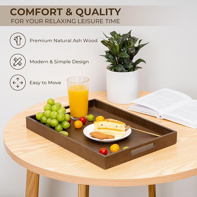 Axeman Wooden Serving Tray with Wood Handles|Ottoman Tray for Breakfast, Bed, Couch|17x12in Ash Wood Coffee Table Trays|Food Drinks Decorative Storage Boards for Ottoman Kitchen, Walnut-Ruum Studio Home