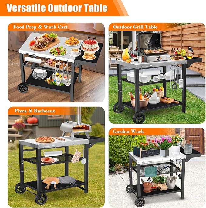Grill Cart, Outdoor Grill Table, Pizza Oven Stand, Three-Shelf BBQ Table, Movable Dining Cart with Drawer, Fits for Ninja Woodfire Grill, Blackstone Griddle,Tabletop Grill-Ruum Studio Home