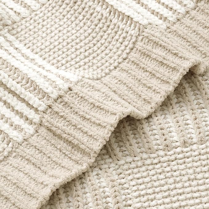 Amélie Home Chenille Knit Throw Blanket for Couch, Checkered Texture Decorative Soft Blanket for Sofa, Bed & Living Room, 50"x60", Khaki & White-Ruum Studio Home