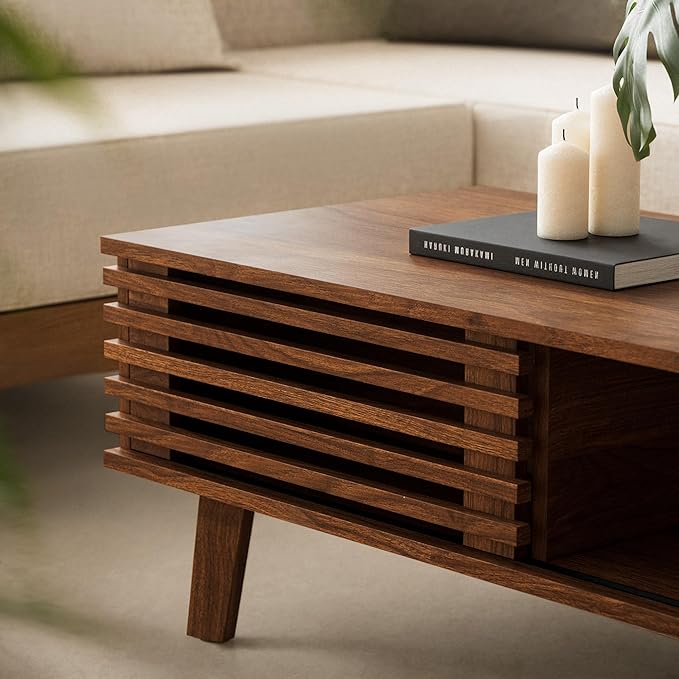 Mid Century Coffee Table with Storage & Sliding Fence Door, Modern Coffee Tables for Living Room, Walnut Finish-Ruum Studio Home