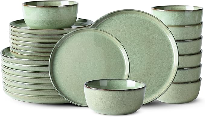 GBHOME Ceramic Dinnerware Sets for 8, 24 Pieces Stoneware Plates and Bowls Sets, Scratch Resistant Dishes, Dishwasher & Microwave Safe-Pastel Green-Ruum Studio Home