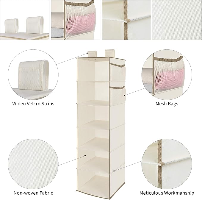 MAX Houser 6 Tier Shelf Hanging Closet Organizer, Closet Hanging Shelf with 2 Widen Straps for Storage, Foldable (Beige2)-Ruum Studio Home