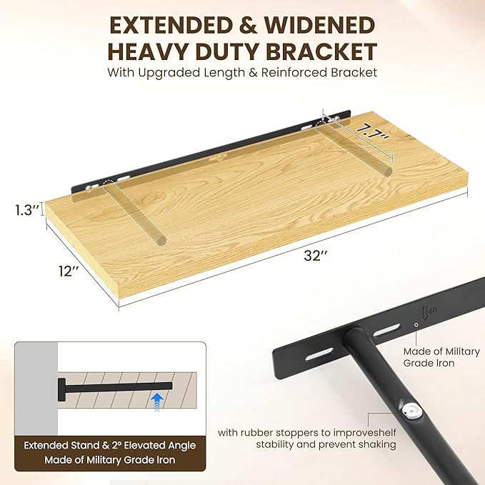 32" Floating Shelves for Wall, 12" Deep Slim Oak Floating Shelves, Wall-Mounted Shelves for Bedroom, Living Room, Kitchen, Bathroom - Set of 2-Ruum Studio Home
