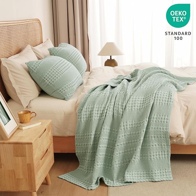PHF 100% Cotton Waffle Weave Throw Blanket, Soft Lightweight Breathable Cozy Summer Throws for Couch Bed Sofa, Luxury Aesthetic Woven Blanket for Home Decor & Office, 50"x60", Sage Green-Ruum Studio Home