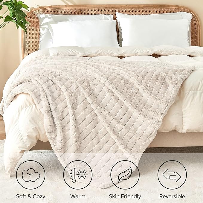 BEDELITE Faux Fur Throw Blanket for Couch, Soft and Cozy 3D Ribbed Fluffy Blanket, Thick Warm Plush Fuzzy Faux Rabbit Fur Blanket for Women Gift (Beige, 50"x 60")-Ruum Studio Home