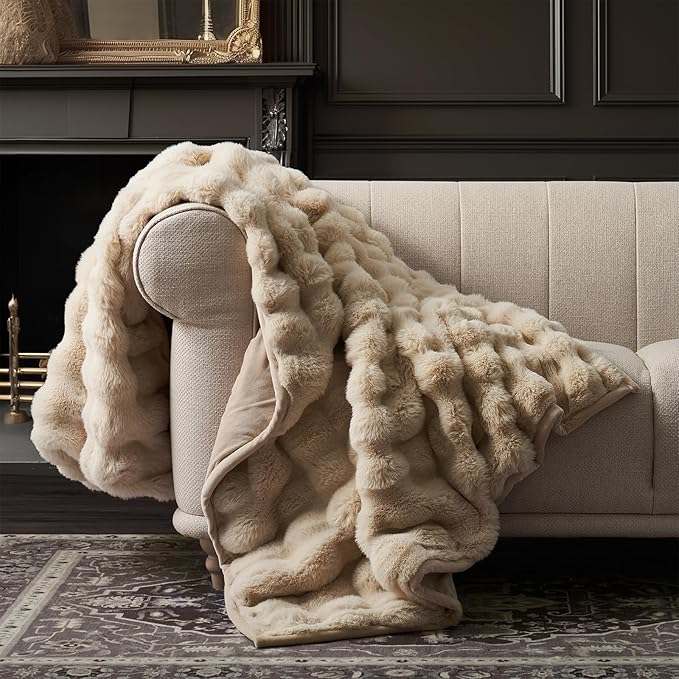 EVERGRACE Ultra Soft Luxury Fluffy Ridgeline Faux Rabbit Fur Throw Blanket, Thick Warm Bubble Throw for Bed, Cozy Plush Reversible Blankets for Couch, Chair, Sofa, Cream, 80x90 Inches, 870 GSM-Ruum Studio Home