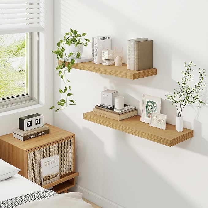 Fun Memories Floating Shelves for Wall, 30 Inch Rustic Wood Wall Mounted Shelves for Bathroom, Bedroom, Kitchen, Living Room, Deep Floating Shelves for Storage & Home Decor (Oak, Set of 2)-Ruum Studio Home