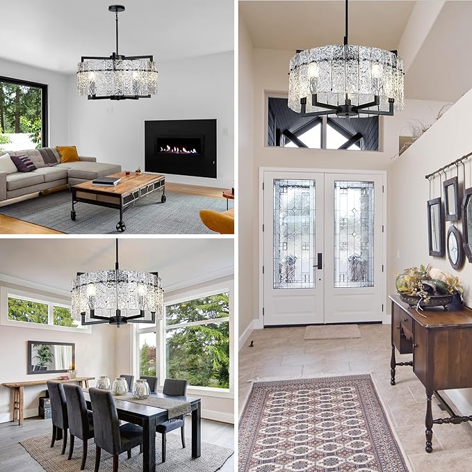 IKK Modern Black Crystal Chandeliers for Dining Room, Luxury Water Ripple Glass Light Fixture, Elegant Farmhouse Round Lighting for Kitchen Island, Bar Table, D20-Ruum Studio Home