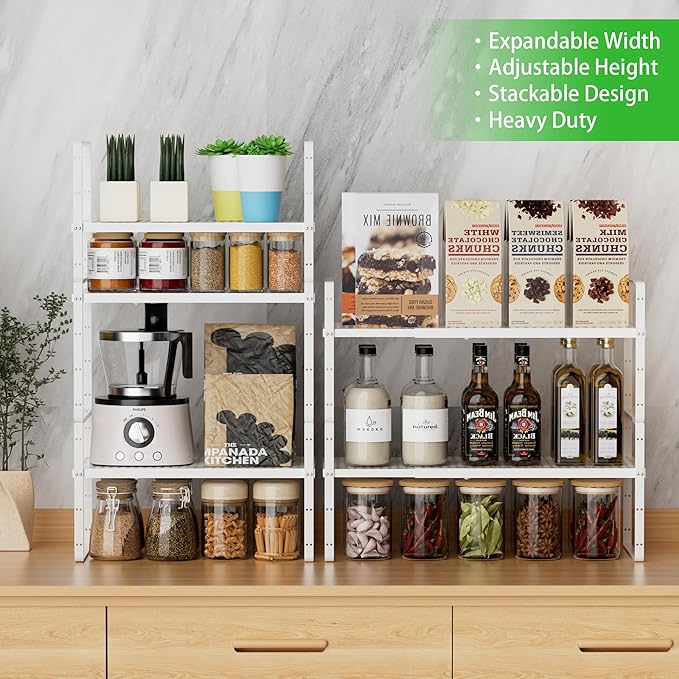 Expandable Cabinet Storage Shelf Stackable Organizer Rack for Kitchen Bathroom Pantry Spice Cupboard Coffee Countertop Home Office Desk Heavy Duty Nonslip White Small 1 Pack-Ruum Studio Home