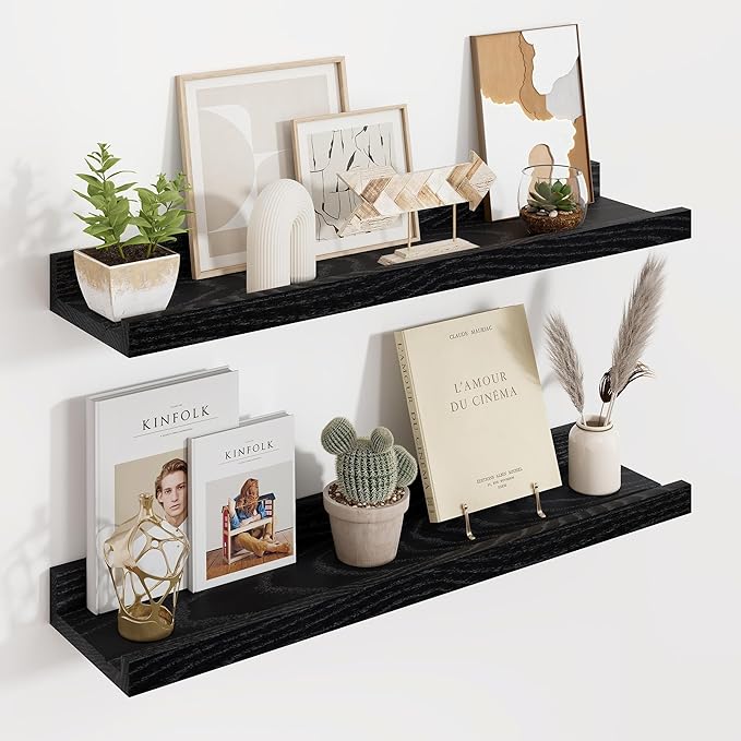 Floating Picture Ledge Shelves 24 Inch Solid Oak Wood Set of 2, Rustic Wall Storage Shelves with Lip, Kids Bookshelf, Photo & Picture Ledge Shelves for Bedroom, Living Room, Kitchen-Ruum Studio Home