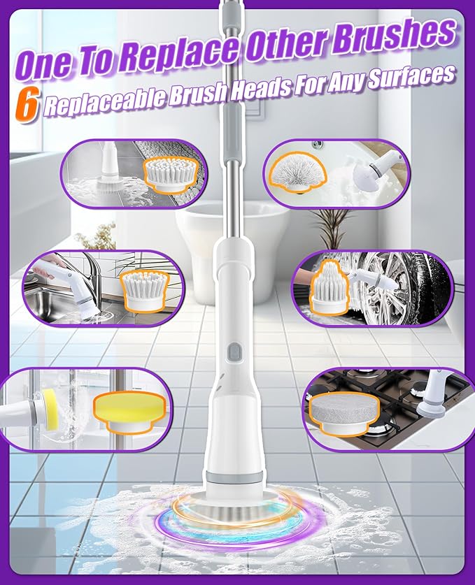 Electric Spin Scrubber, Cordless Shower Scrubber Rotary Floor Brushes & Pad Drivers with 6 Brush Heads - 2H Dual Speed, IPX7 Waterproof Extension Handle for Bathroom Tile Car Cleaning (White)-Ruum Studio Home