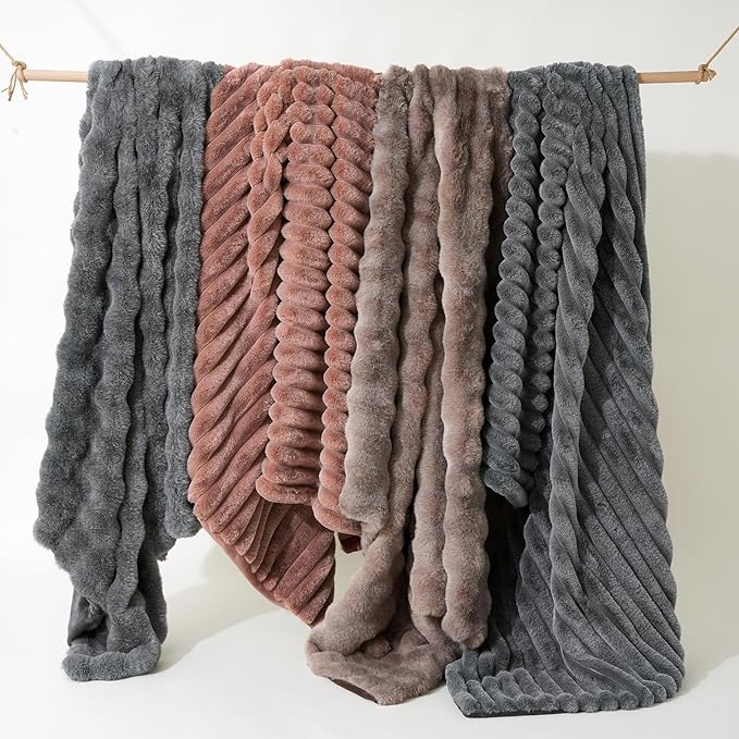 Amélie Home Faux Fur Throw Blanket for Couch, Ultra Cozy Fuzzy Fluffy Fur Luxurious Soft Striped Plush Gift Blankets for Family Sofa Chair Bed Living Room Bedroom, 60"x80", Ionic Fox Brown-Ruum Studio Home