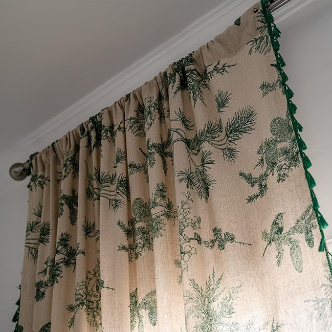 Sutuo Home Boho Curtain 84 Inches Length for Bedroom, Printed Cotton Linen Rod Pocket Semi Blackout Farmhouse Bohemian Tassels Window Treatment for Living Room, 1 Panel 59" W x 84" L, Green Forest-Ruum Studio Home
