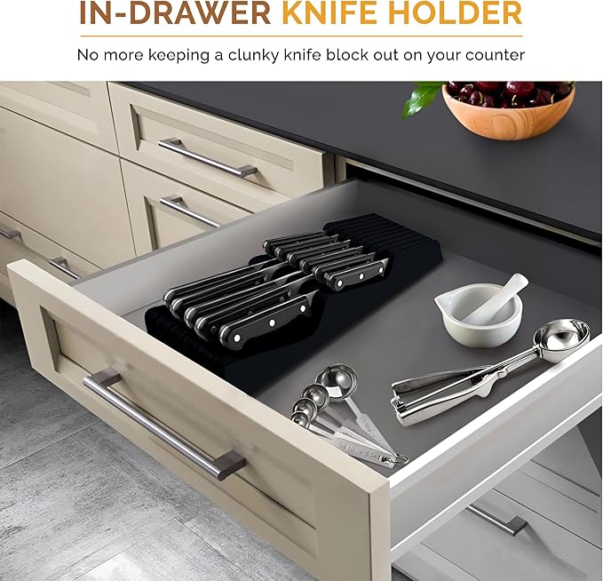In-Drawer Knife Block - Bamboo Knife Drawer Organizer for Kitchen - Fits 5 Long + 6 Short Knives | Store Knives with Blades Pointing Down - Wooden Steak knife Holder without Knives (Black)-Ruum Studio Home