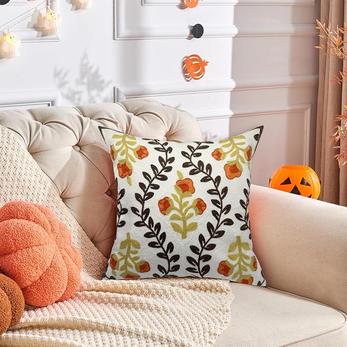 Alysheer Floral Embroidered Fall Decorative Throw Pillow Cover 18"x 18", Farmhouse Cottage Orange Flowers Brown Leaves Knit Pattern Cotton Canvas Cushion Case for Sofa Couch Bed Living Room Decor-Ruum Studio Home