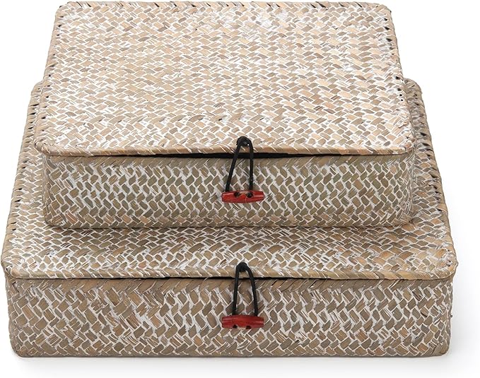 Whitewash Seagrass Basket with Lid Rectangular Decorative Storage Boxes for Shelf Organize Snack Toys Set of 2 (Large+Small)-Ruum Studio Home
