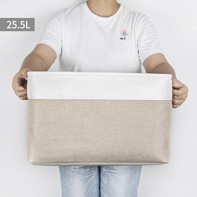 Storage Bins Large Fabric Storage Baskets for Shelves 3 Pack, Decorative Linen Closet Baskets with Handles for Organizing, Shelf, Clothes, Home, Office, 15x11x9.5Inches (Beige&White)-Ruum Studio Home