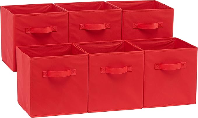 Amazon Basics Cube Organizer Storage Bins Handles, Collapsible Fabric, Pack of 6, 10.5"x10.5"x11", Red-Ruum Studio Home