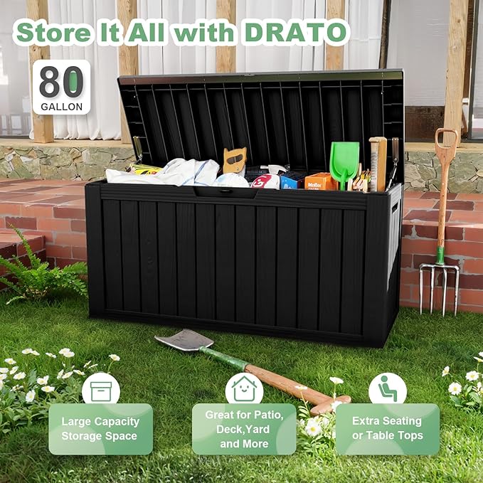 DRATO 80 Gallon Large Deck Box, Outdoor Storage Box for Patio Furniture, Patio Cushions, Gardening Tools, Pool Supplies 480lbs Weight Capacity,Waterproof Resin Storage Boxes-Ruum Studio Home