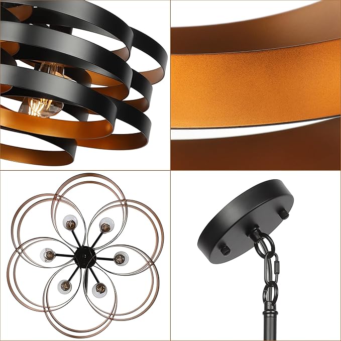 6-Light Modern Farmhouse Chandeliers for Dining Room, Rustic Multiple Rings Pendant Lighting, Industrial Metal Round Chandelier for Kitchen Entryway, Black with Gold Interior-Ruum Studio Home