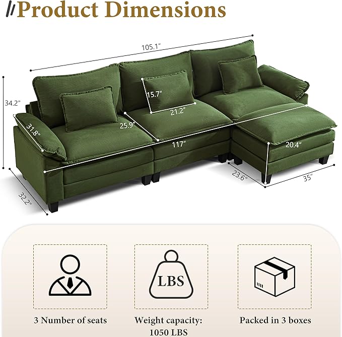 URRED Modular Sectional Sofa Comfy Cloud Couch, Modern Corduroy Sofa Sleeper Deep Seat Couches with Ottoman/Pillows for Living Room (Green, 117''- L Shape)-Ruum Studio Home