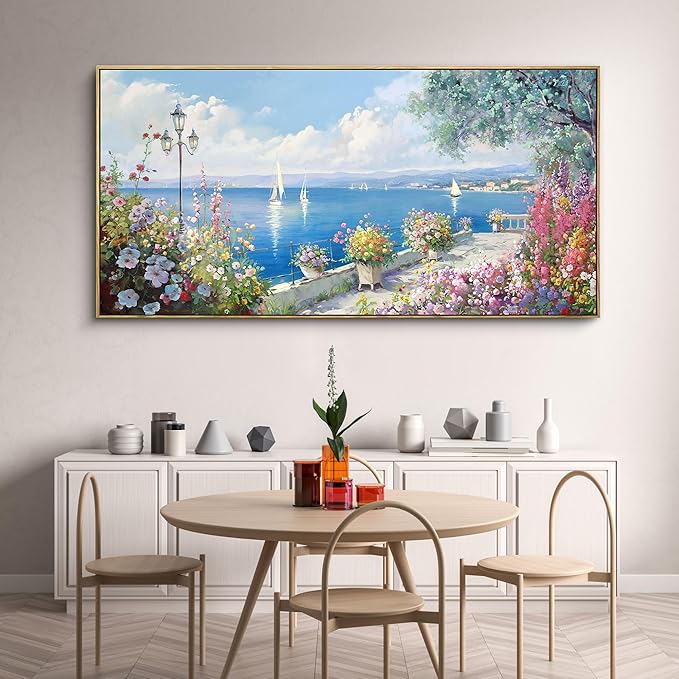 XLSJERST Large Coastal Wall Art - Ocean Seascape Canvas Yellow Green Flowers Painting Landscape Sailboat Picture Artwork Modern Large Framed for Living Room Bedroom Home Office Decor 58x29 Inches-Ruum Studio Home