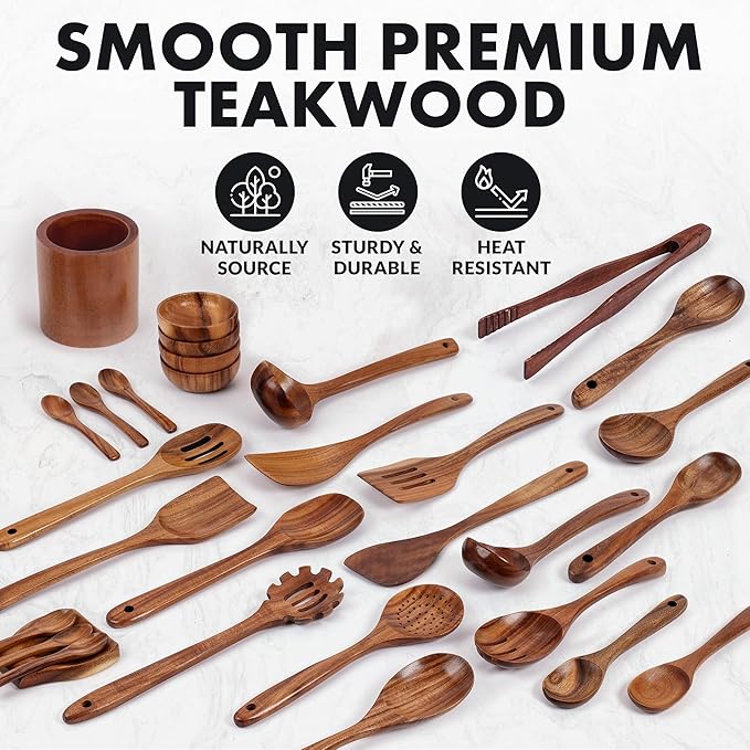 Zulay Kitchen 30-Piece Teak Wooden Utensils - Natural Teak Cooking Utensils with Premium Gift Box - Non-Stick Wooden Spoons - Kitchen Gift Set - Comfortable Grip-Ruum Studio Home