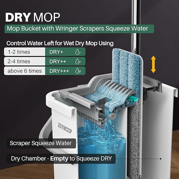 JOYMOOP Mop and Bucket with Wringer Set, Flat Squeeze Mop Flat Head, Dust Mops for Wall Cleaner with Long Handle, Hands-Free Microfiber Mops for Floor Cleaning - White-Ruum Studio Home