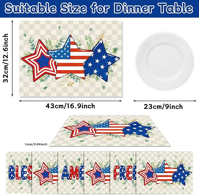 Veterans Day Placemats Set of 6 4th of July Patriotic American Flag Stars Plastic Table Mats Eucalyptus Election Day Memorial Place Mats Table Decoration for Indoor Outdoor Party Kitchen Dining-Ruum Studio Home