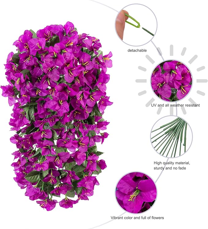 Faux Bougainvillea Artificial Flowers Plants for Outdoors Outside Decoration, 2 pcs Purple Fake Flowers UV Resistant Look Real Silk Long Trailing Vines for Front Door Porch Planter Urn Patio Garden-Ruum Studio Home