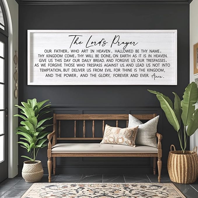 Our Father Prayer Bible Verse Framed Wall Art, 40''×15'' White Horizontal Religious Christian Lords Prayer Sign for God Jesus Christ Prayer, Rustic Holy Inspirational Catholic Scripture Decor-Ruum Studio Home