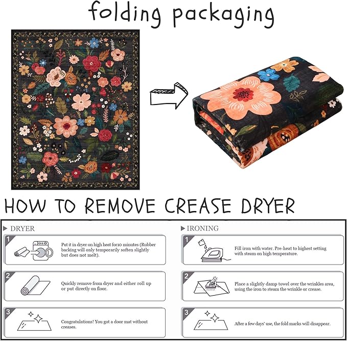 Bedroom Rug 3x5 Rug Washable Area Rug Non Slip Low Pile Boho Floral Small Carpet for Bedroom, Bedside, Kitchen, Entryway, Kids Room, Office, College Dorm Essentials for Girls(Black)-Ruum Studio Home