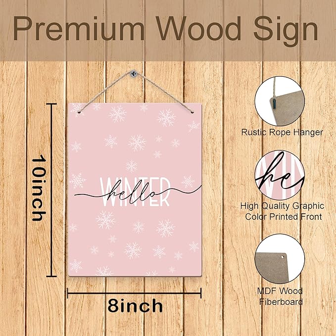 Pink Winter Snowflakes Wooden Sign, 10x8 inches, Rustic Wall Decor-Ruum Studio Home